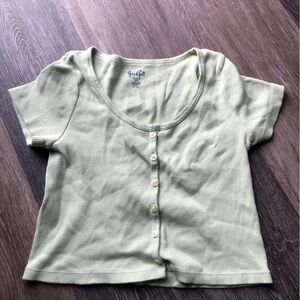John Galt Cropped Green Button Up Short Sleeve Top Size Small